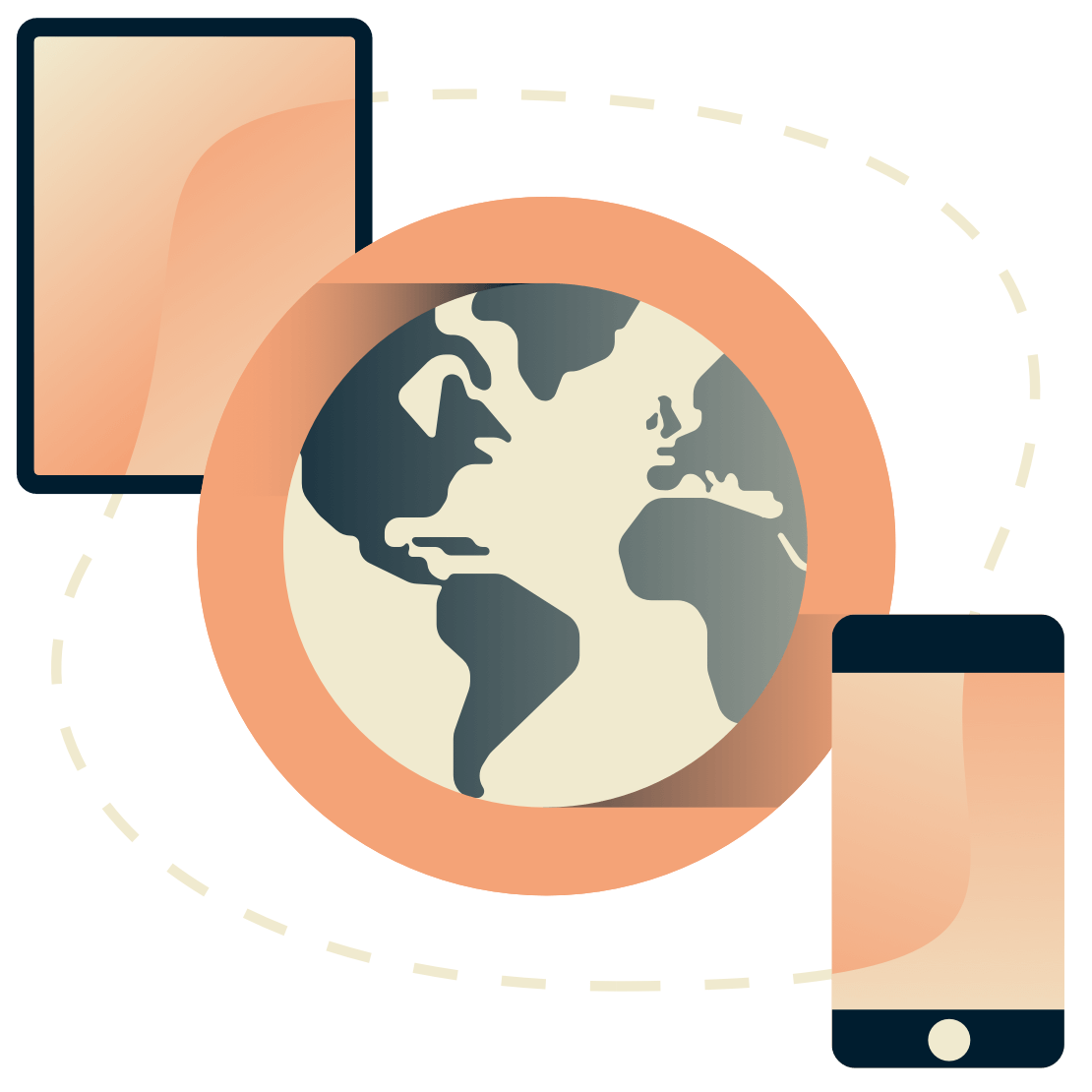 Nettbrett og telefon rundt en klode.