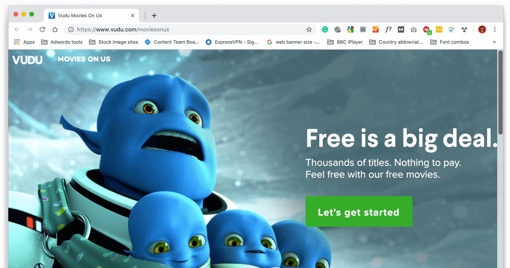 En skärmbild av Vudu:s hemsida som visar Movies On Us.