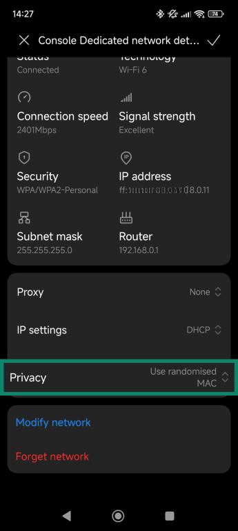 Android Wi-Fi network details screen, showing how to enable MAC spoofing.