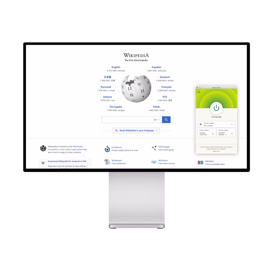 Wikipedias startsida och VPN.