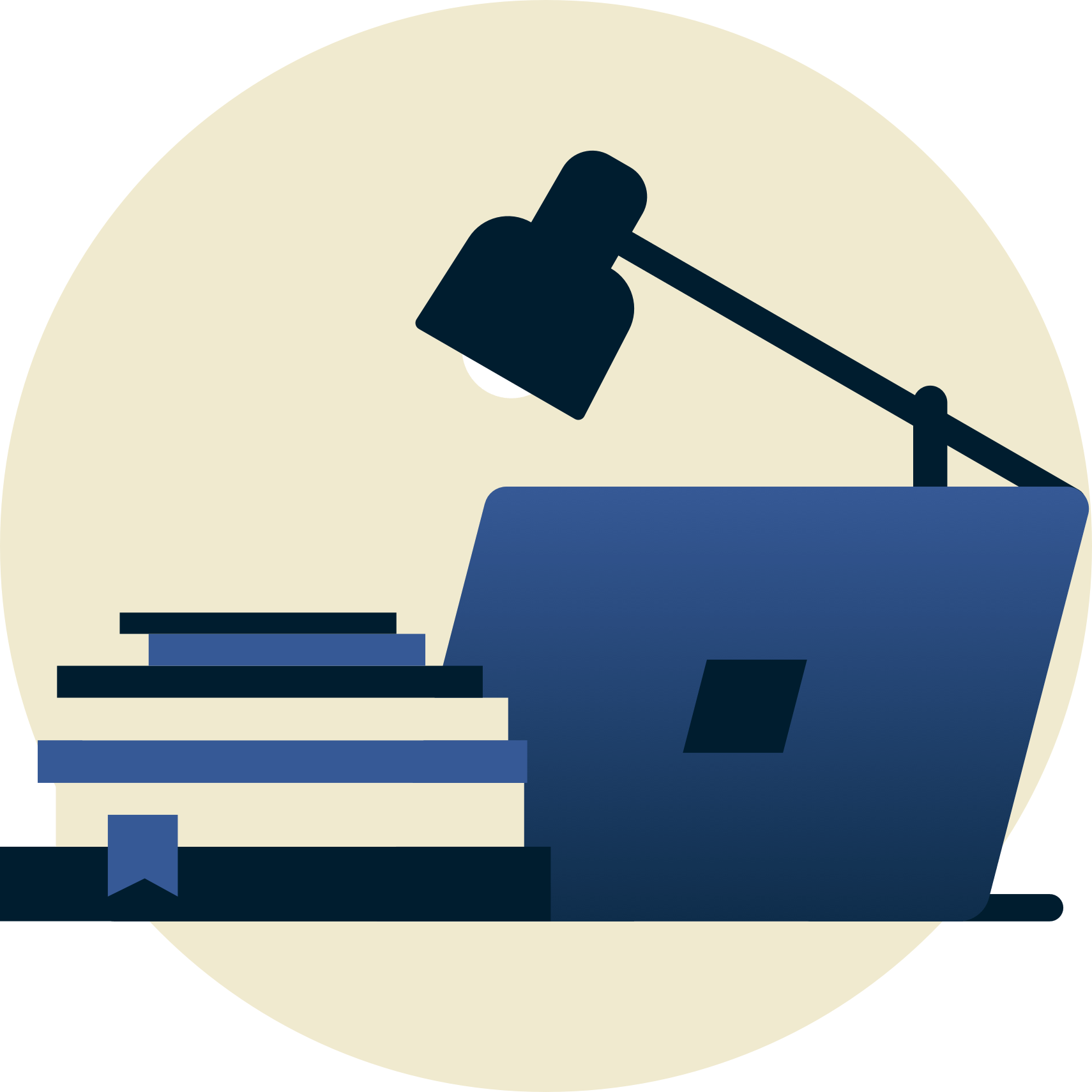 Lamp boven schoolboeken en laptop die van je af staat.