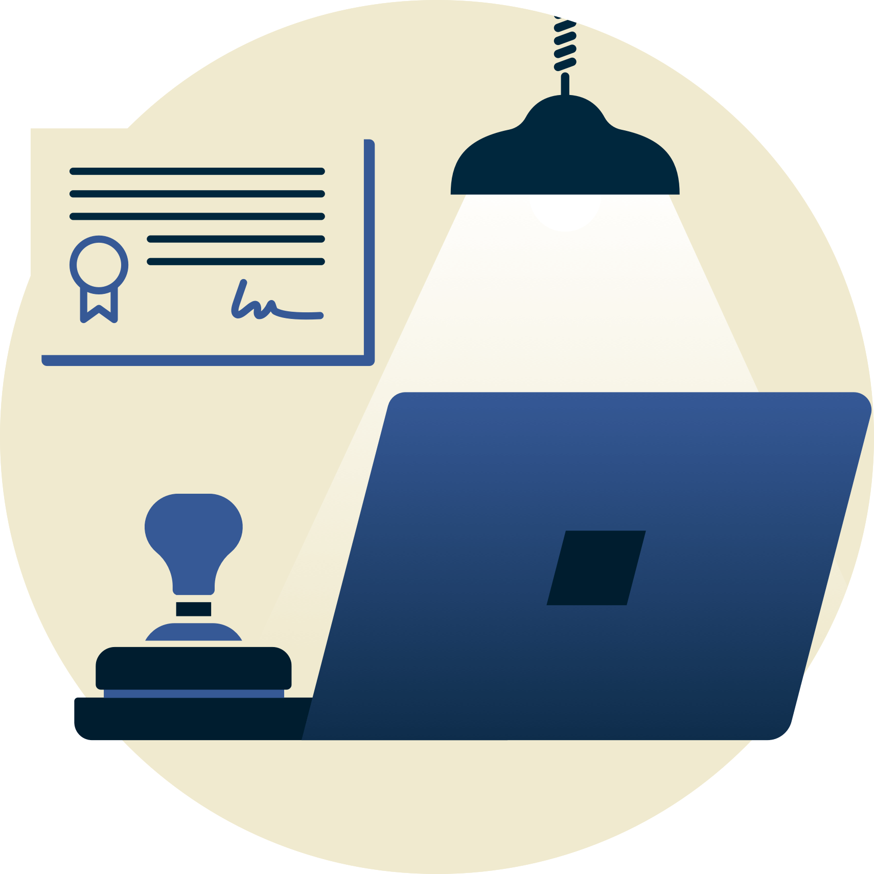 Lamp boven stempel en laptop, met certificaat op de achtergrond.