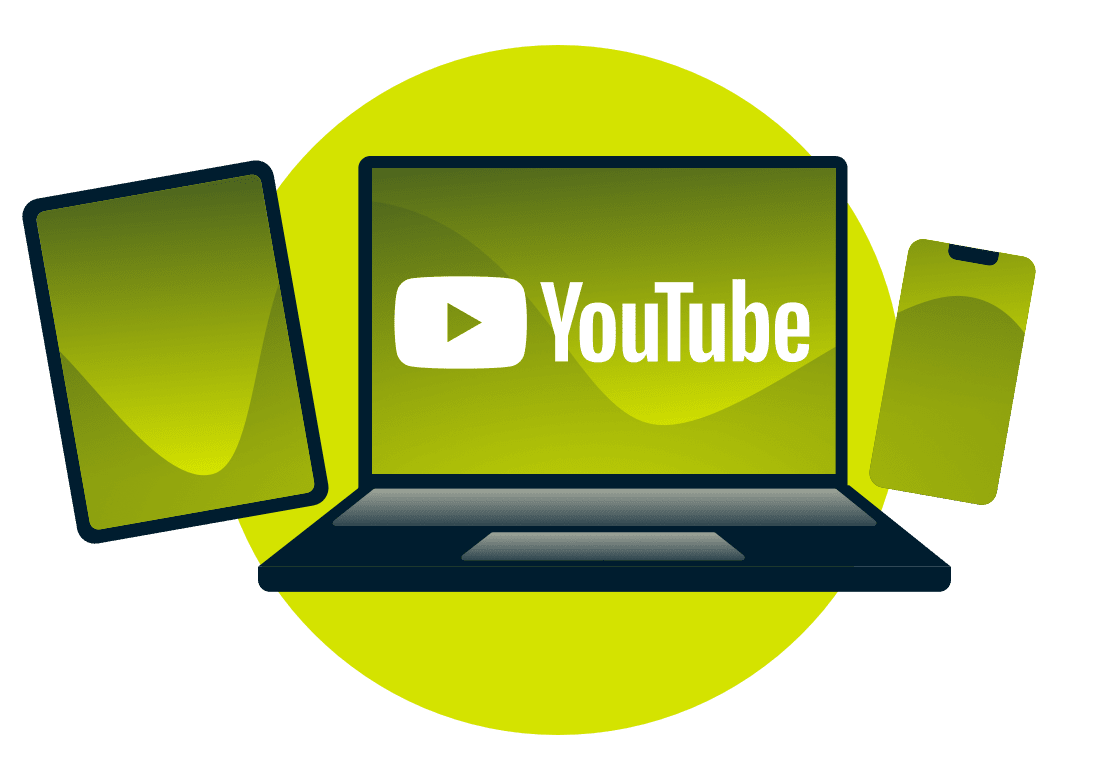 Een laptop, tablet en telefoon, met het YouTube-logo.