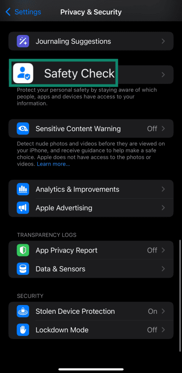 Accessing the Safety Check feature in iOS.