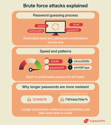 How brute force attacks guess passwords and why longer passwords are harder to crack.
