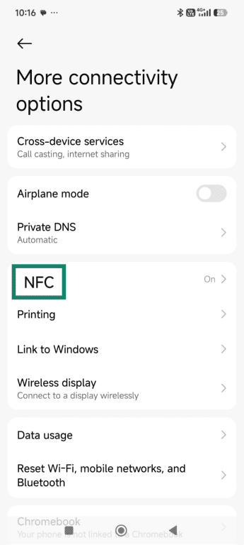 The Android NFC settings page with the feature enabled.