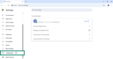 Google Chrome Settings menu with Extensions section button highlighted.