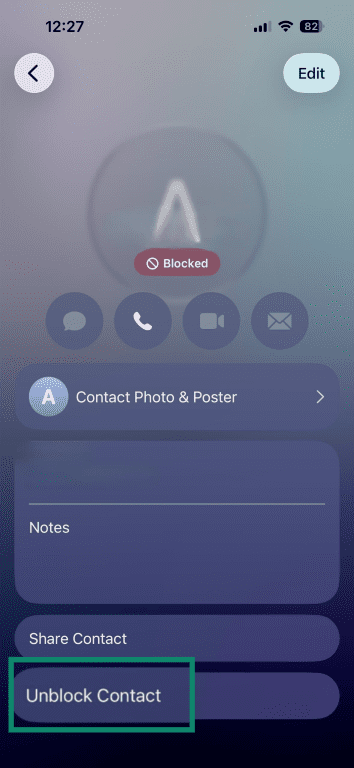 'Unblock contact' highlighted for a contact in the iPhone settings.
