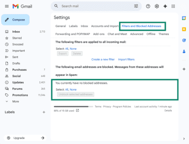 Gmail web app with highlights for the "Filters and blocked addresses" menu tab and the area showing blocked email addresses