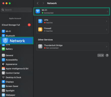 The Network settings window in macOS.