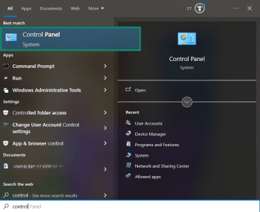 Windows' Start Menu with the Control Panel icon highlighted.