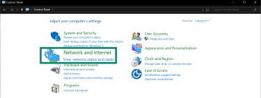 Windows' Control Panel with the Network and Internet settings highlighted.