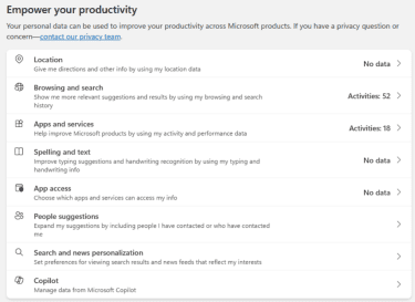 Microsoft's Privacy Dashboard highlighting options that can be tweaked.