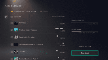 The "Cloud Storage" page on a PlayStation 5. Two game files are selected and the "Download" button is highlighted.