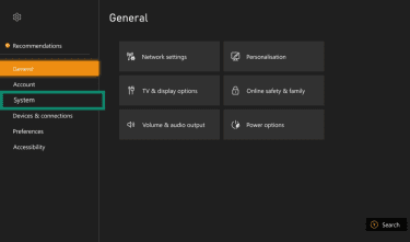 The Xbox settings menu, showing the System button.