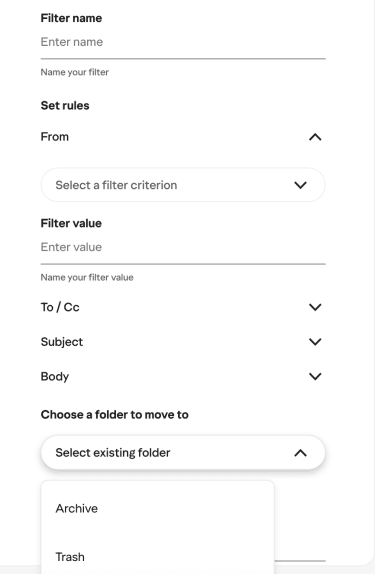 Yahoo Mail filter setup screen showing rule fields and folder selection.
