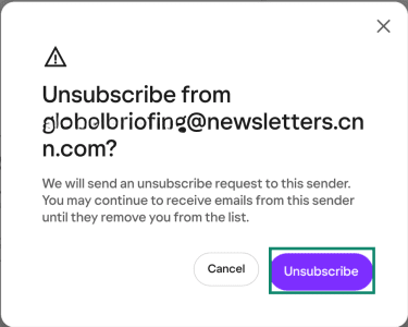 Yahoo Mail unsubscribe confirmation window with Unsubscribe button.