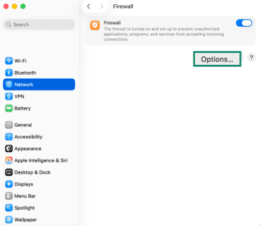 The firewall menu page of the Apple System Settings, showing the options button.