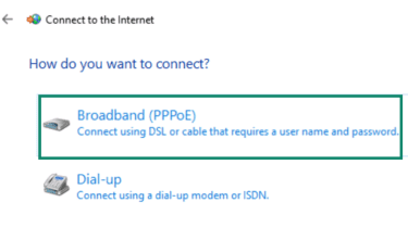 Windows connection type options including Broadband (PPPoE).