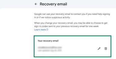 The Recovery email option within Google Account settings, with a highlight showing how to edit or remove an address.
