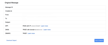 Reviewing the header details of a sent email in Gmail.