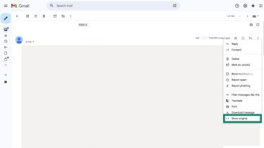 Inspecting an email header on a Gmail account, highlighting "show original".