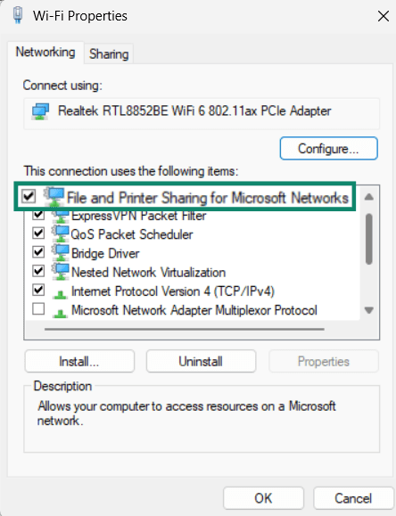 Windows Wi-Fi properties window is open highlighting the Files and printer sharing for Microsoft networks.