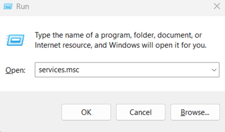 Windows Run system window showing the services.msc input.