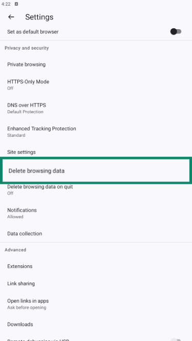 Firefox on Android in Settings with Delete browsing data highlighted