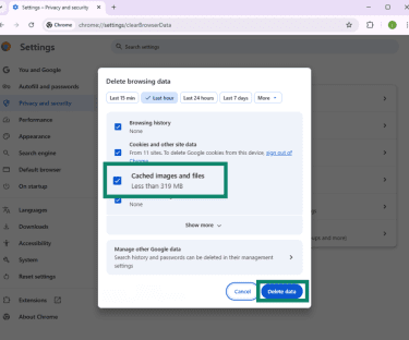 Google Chrome settings open with Delete browsing data options available and cached images and files highlighted