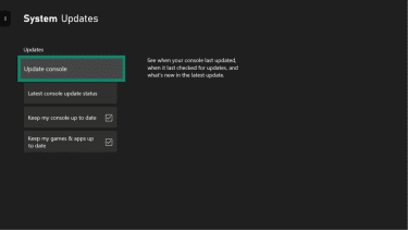 Xbox System Updates menu with the Update console option highlighted.