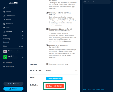 How to delete a secondary Tumblr blog on desktop