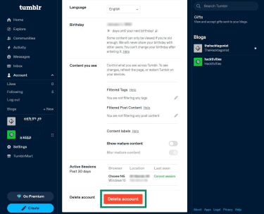 How to delete a primary Tumblr blog on desktop