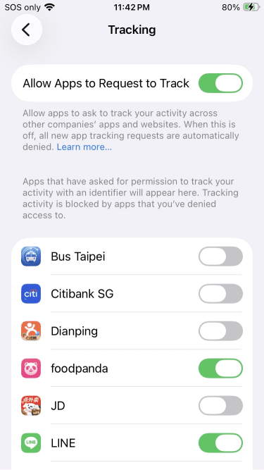 iPhone Tracking settings.