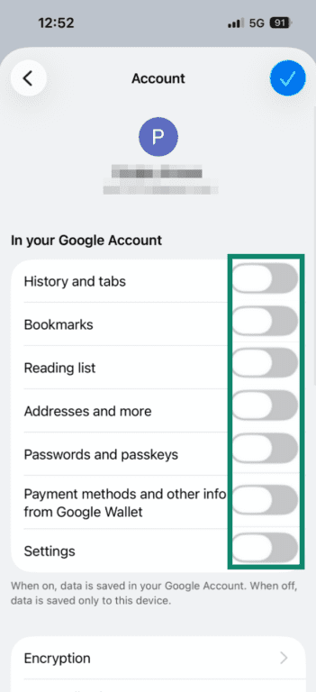 Google sync options highlighted in the Google Chrome settings on iPhone.
