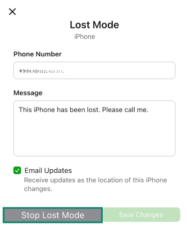 iCloud Find Devices Lost Mode deactivation settings, with Stop Lost Mode button highlighted.