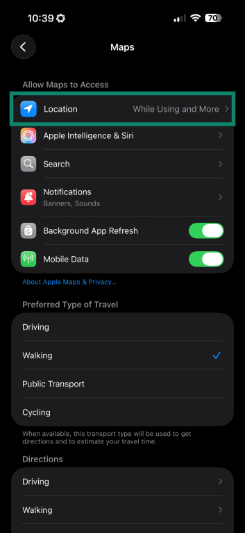 Screenshot of the iOS Apple Maps Settings menu with Location highlighted