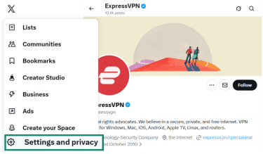 The X Settings and privacy option on the sidebar is highlighted.