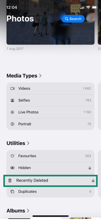 The Recently Deleted option in the iPhone Photos app.