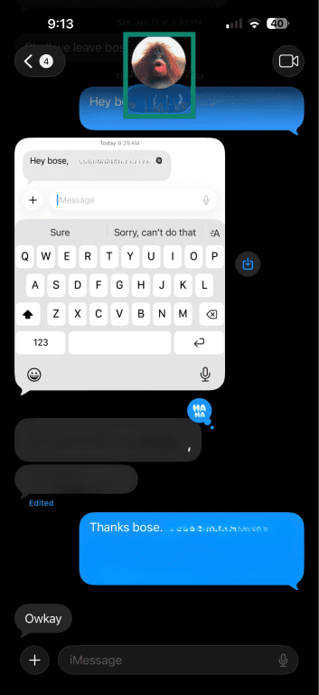 Conversation open on iPhone's iMessages.