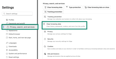 Edge Privacy settings with Clear browsing data selected.