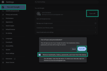 Screenshot of Chrome settings showing the ‘You and Google’ section with the option to ‘Turn off’ sync, including a checkbox labeled Remove bookmarks, history, passwords, and more from this device, and a button to confirm turning off sync.