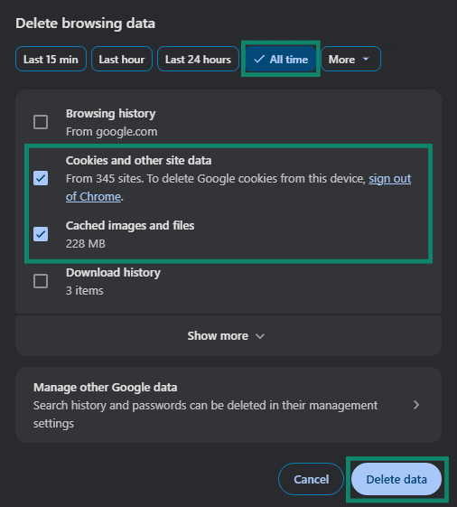 Cookies and other site data and Cached images and files selected, duration set to All Time, and Delete data option highlighted in Google Chrome's Delete browsing data menu.