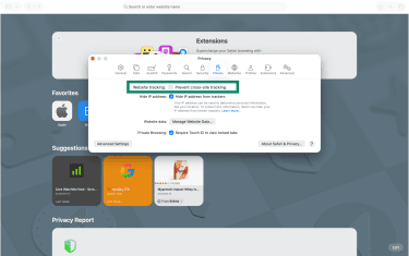 Safari Privacy settings showing Prevent cross-site tracking option.