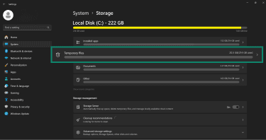 Windows temporary files and where to find them in storage settings.