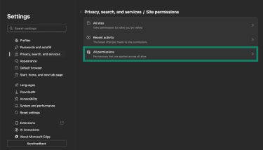 The "All permissions" options in Edge