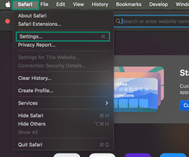 Safari's "Settings" options highlighted