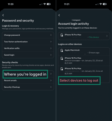 List of devices using Instagram during an activity check.