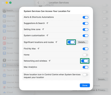 Mac location accuracy settings.