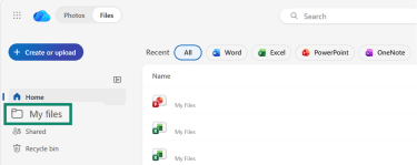 The OneDrive homepage interface with My Files highlighted.
